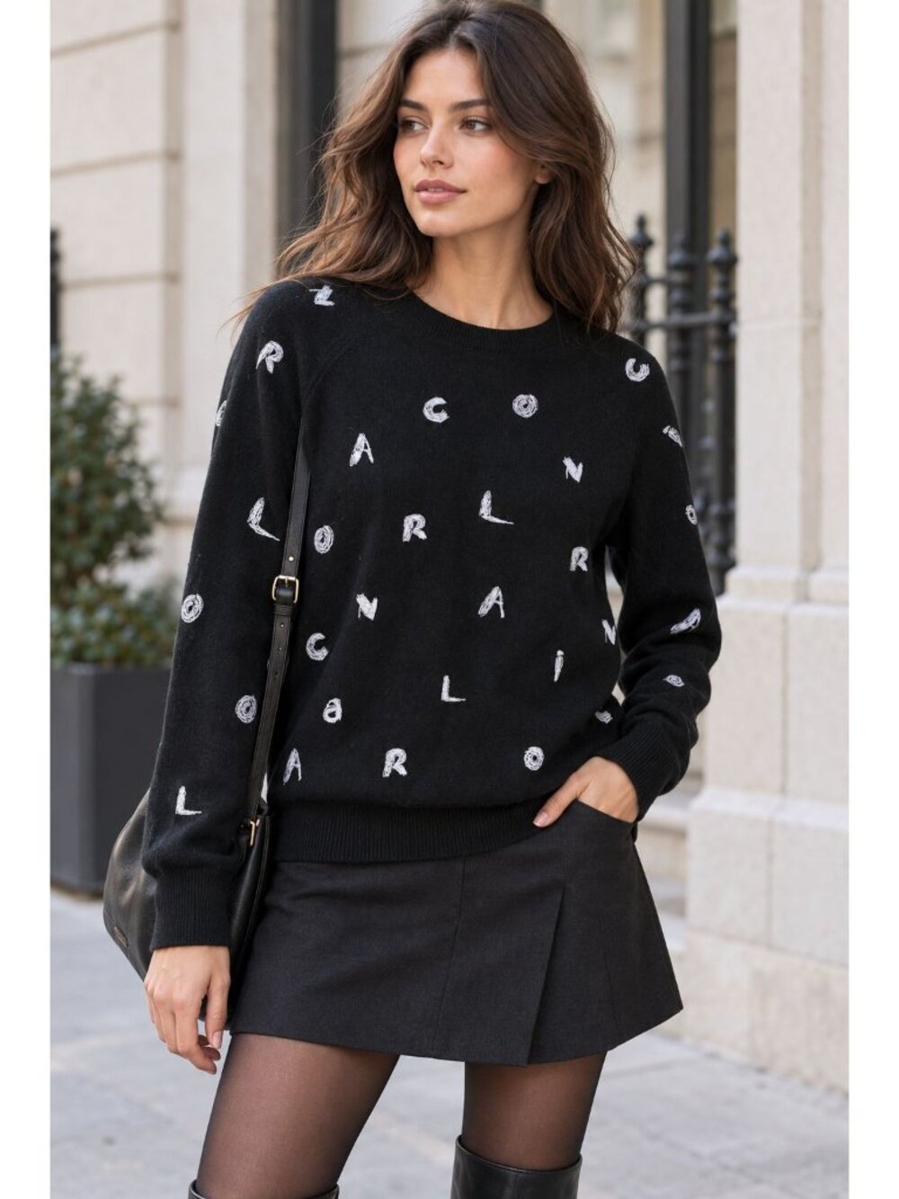 Carolina Herrera Sweater M Black Cashmere Scribble Logo Letters Italy Mainline
